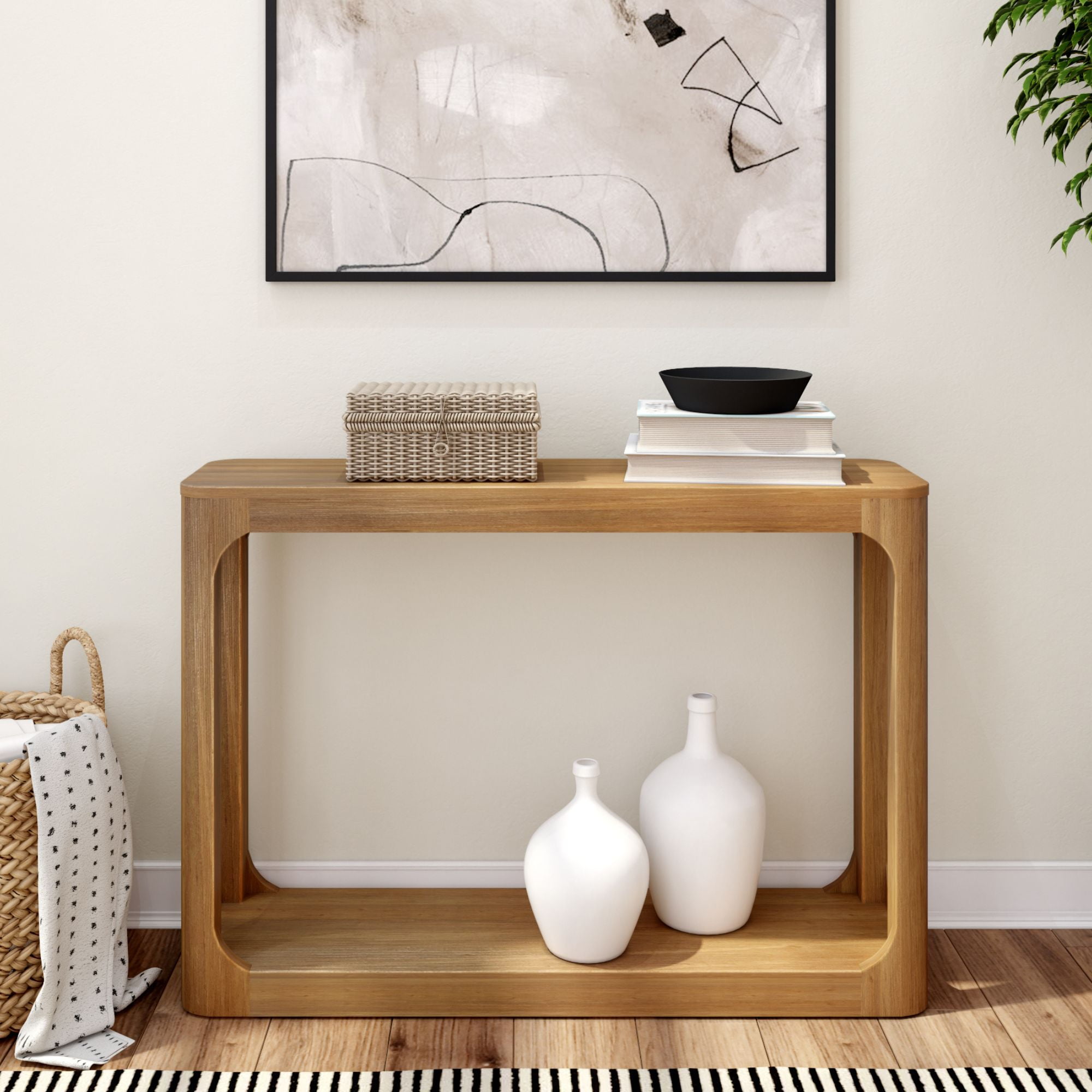 Plank+Beam 46" Forma Console Table, Solid Wood Rounded Edge Sofa Table with Storage Shelves, Narrow Entryway Table, Pecan