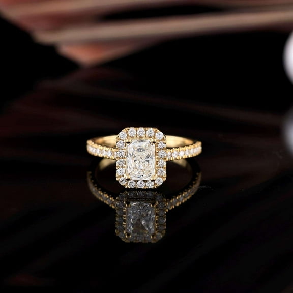 Jewelerix Classic Radiant Cut Engagement Ring with Halo and Pave Band 14K Yellow Gold Plated Wedding Ring