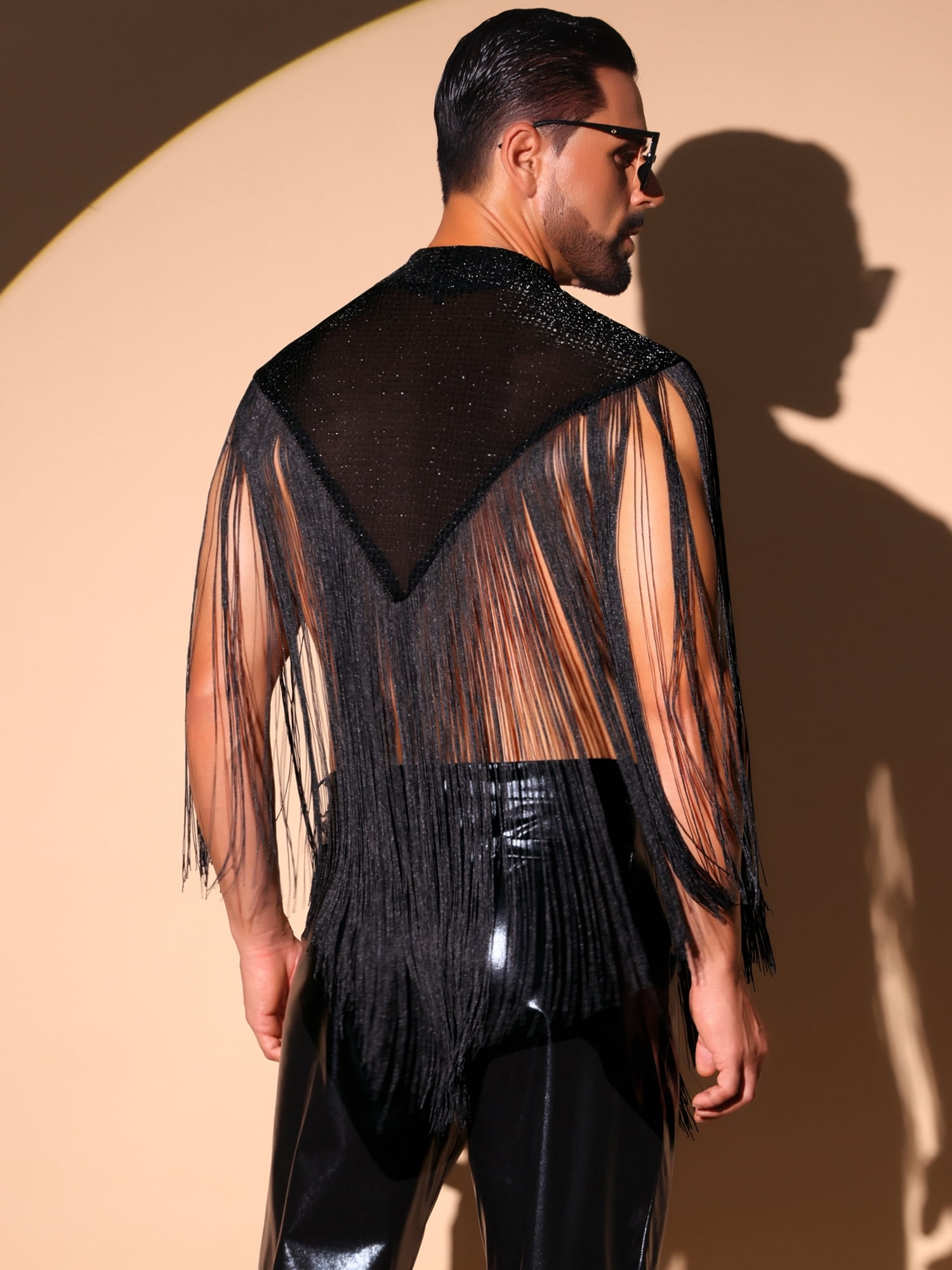 DARING DIVA Men's Mock Collar Sleeveless Patchwork Sequins Fringe Vest L Black