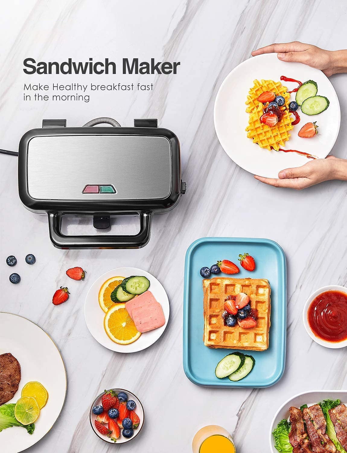 HOUSNAT 3 in 1 Sandwich Maker, Waffle Maker with Removable Plates, 120
