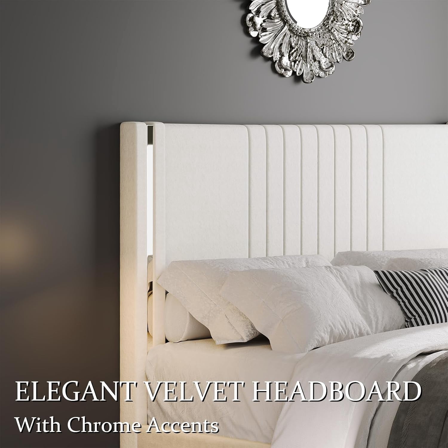 Queen Size Beige Velvet Upholstered Platform Bed Frame with Channel Tufted Wingback Headboard, Wooden Slats, No Box Spring Needed