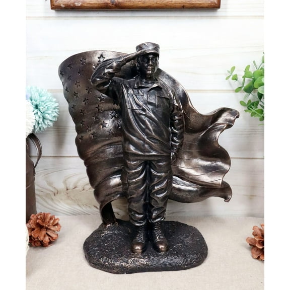 Ebros Solemn Tribute Patriotic American Soldier Saluting Flag Statue USA Soldier