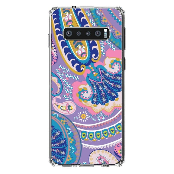 DistinctInk Clear Shockproof Hybrid Case for Samsung Galaxy S10 (6.1" Screen) - TPU Bumper, Acrylic Back, Tempered Glass Screen Protector - Purple Pink Blue Paisley
