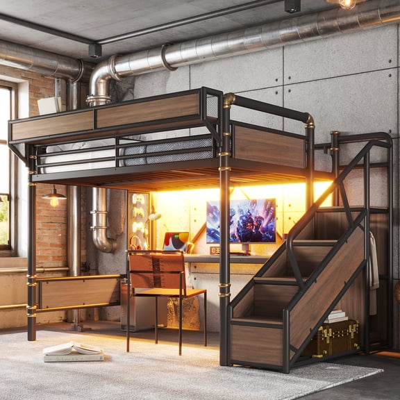 Queen Size Industrial Metal Loft Bed with Built-in Desk & Power Outlet, LED Strip, Pegboard & Mesh Storage Baskets, Storage Stairs with Wardrobe, Space-Saving Bedroom Dorm Guest Room Furniture, Black