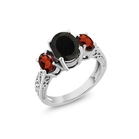 Faux Onyx Ring - 2.73 Ct Oval Black Onyx and Red Garnet 925 Sterling Silver 3-Stone Women's Ring