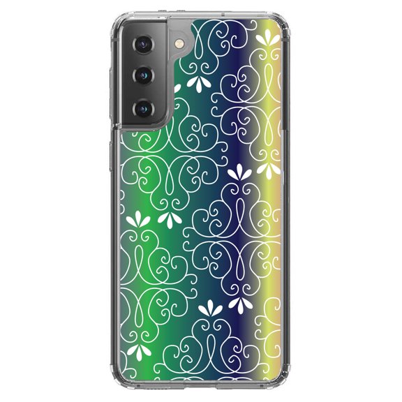 DistinctInk Clear Shockproof Hybrid Case for Galaxy S21  PLUS 5G (6.7" Screen) - TPU Bumper, Acrylic Back, Tempered Glass Screen Protector - Purple Green Blue Yellow Pink Gradient