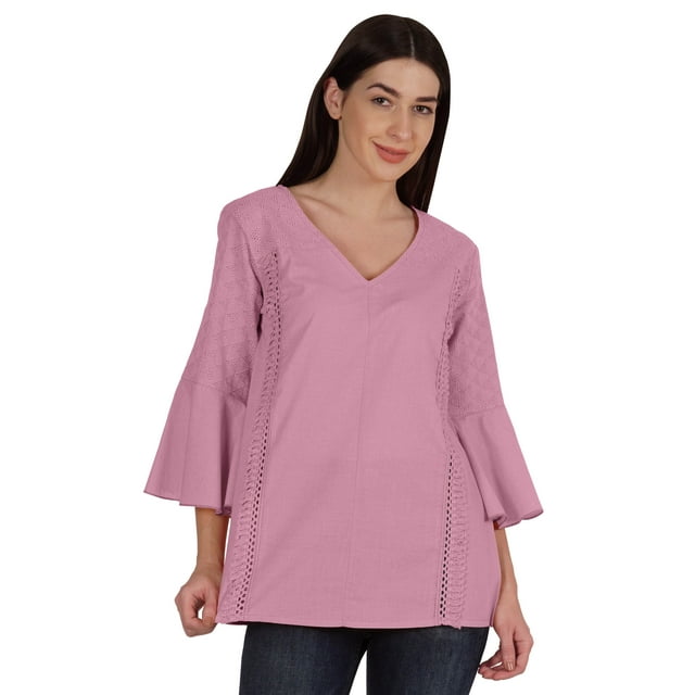 Moomaya Tunique en Coton à Manches Cloche pour Femmes Col en V Simple Top Schiffli d'Été