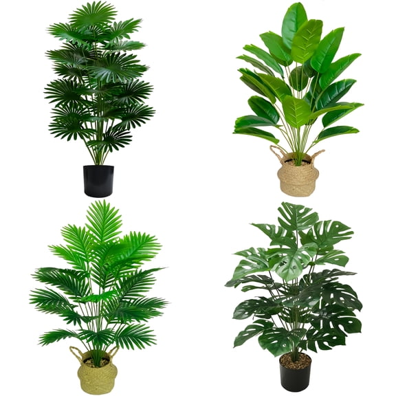 4pcs Large Artificial Tropical Rainforest Trees - UV-Resistant Low-Maintenance Indoor Outdoor with Black Pots All-Season Realistic Faux Trees