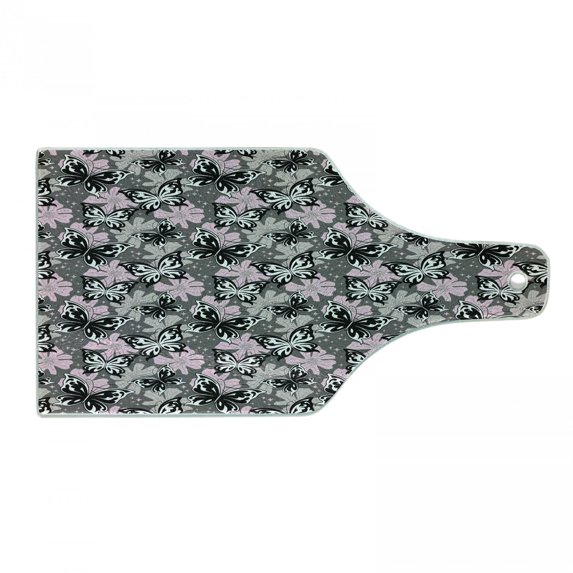 Butterfly Cutting Board, Ornamental Romantic Summer Vegetation Vibrant Backdrop Monochrome Animals, Tempered Glass Cutting and Serving Board, Wine Bottle Shape, Taupe Pink Black, by Ambesonne