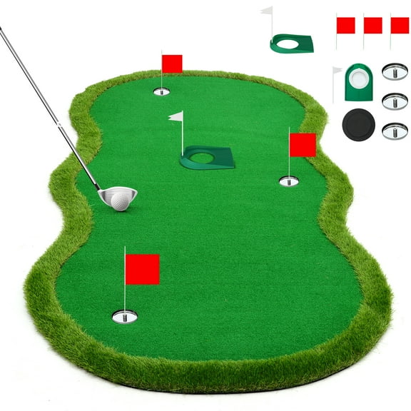 Indoor/Outdoor Putting Green Mat with 3 Holes, Stainless Steel Cups, Adjustable Slope, and Realistic Turf Design (5x10 FT)