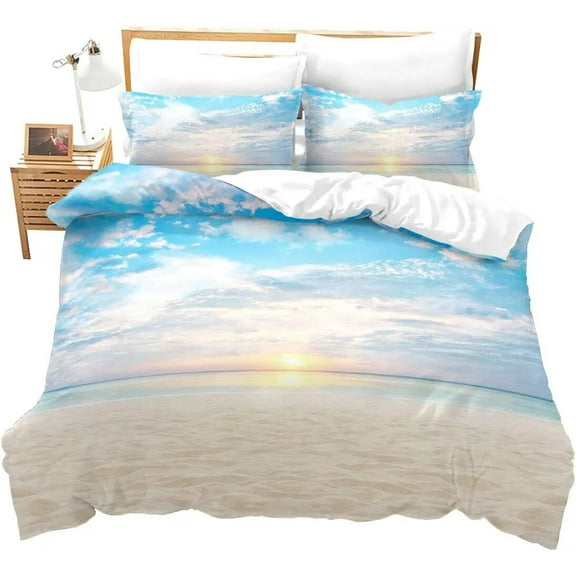 Ocean Beach Palm Tree Duvet Cover Set Sea Wave Polyester Quilt Cover Tropical Leaves Hawaiian Vacation Print for Kid Adult Teen