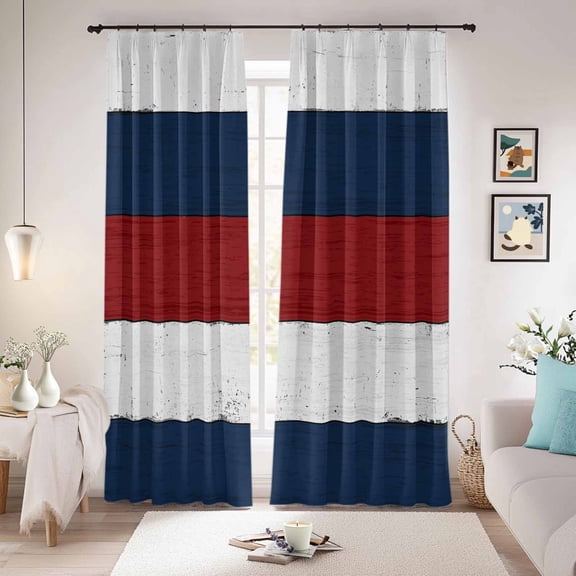 Red Navy Blue Stripe Blackout Curtains for Bedroom/Living Room, Pinch Pleated Black Out Curtains, Retro Farmhouse Striped Vintage Room Darkening Window Drapes with Hooks 2 Panels, 39"x70"
