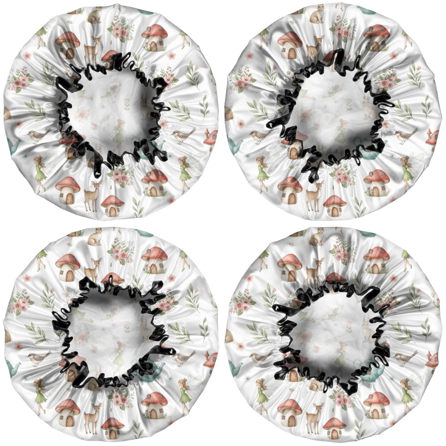 Shower Caps,White Forest Fairy Pattern Waterproof Shower Cap for Women 4 Pieces,Double Reusable Hair Cover for Shower PEVA Elastic Stretch Hem