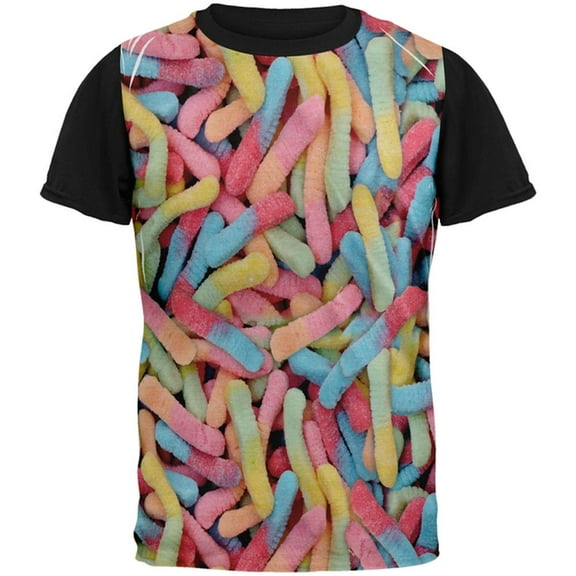 Halloween Sour Gummy Worms All Over Mens Black Back T Shirt Multi MD