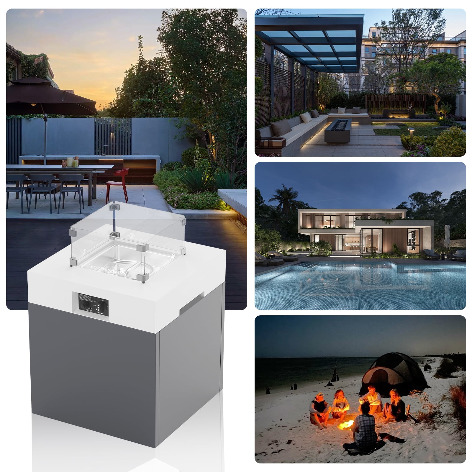 JXXM 22" Outdoor Aluminum Gas Fire Pit Table, 37,000 BTU, with Lid, Glass Wind Guard, Fire Glass, and Waterproof Cover, CSA Certified–White