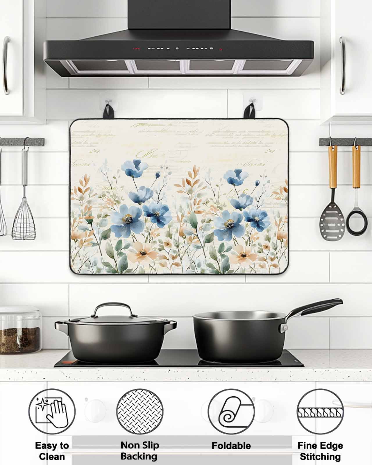 Stove Top Covers for Electric Stove, Blue Spring Floral Glass Stovetop Cover Protector, Summer Botanical Vintage Induction Cooktop Protector Oven Mat for Kitchen Countertop 24"x21"