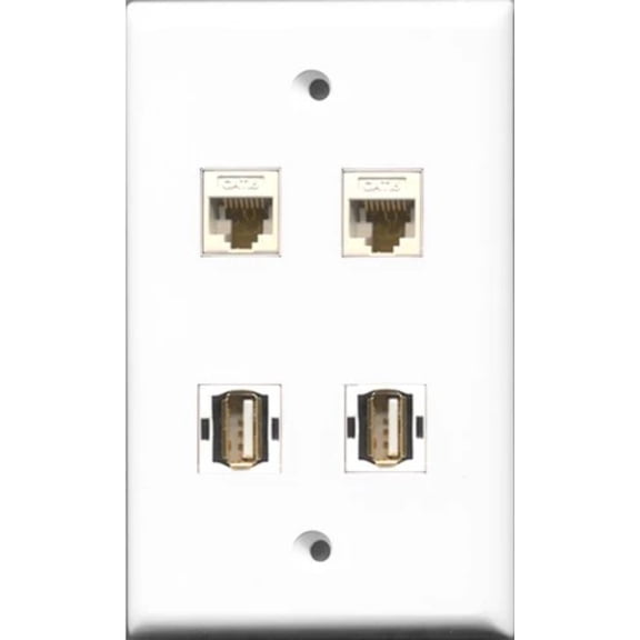 RiteAV - 2 Port USB A-A 2 Port Cat6 Ethernet White Wall Plate