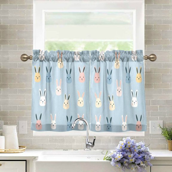 Yayeee Kitchen Curtains Tier Pair Light Filtering 27"x24" Rod Pocket Short Cafe Window Panel, Blue Rabbits