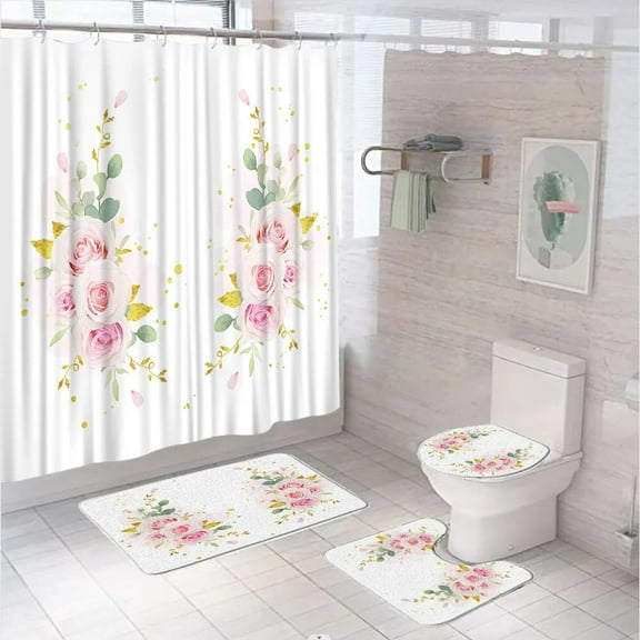 Pink Blossom Flower Shower Curtains Set With Rug Lid Toilet Cover Bath Mat Watercolor Abstract Floral Bathroom Curtain Polyester