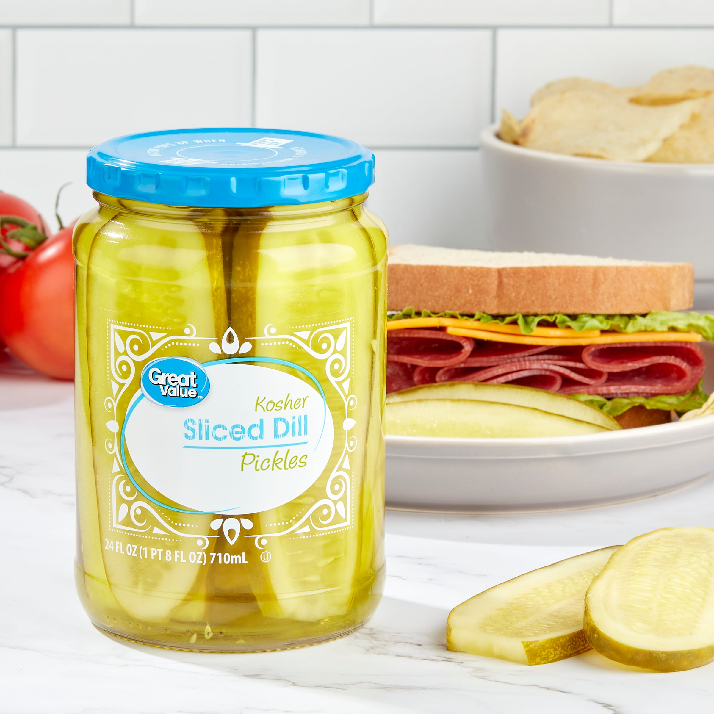 (6 pack) Great Value Kosher Sliced Dill Pickles Fresh Pack, 24 fl oz Jar