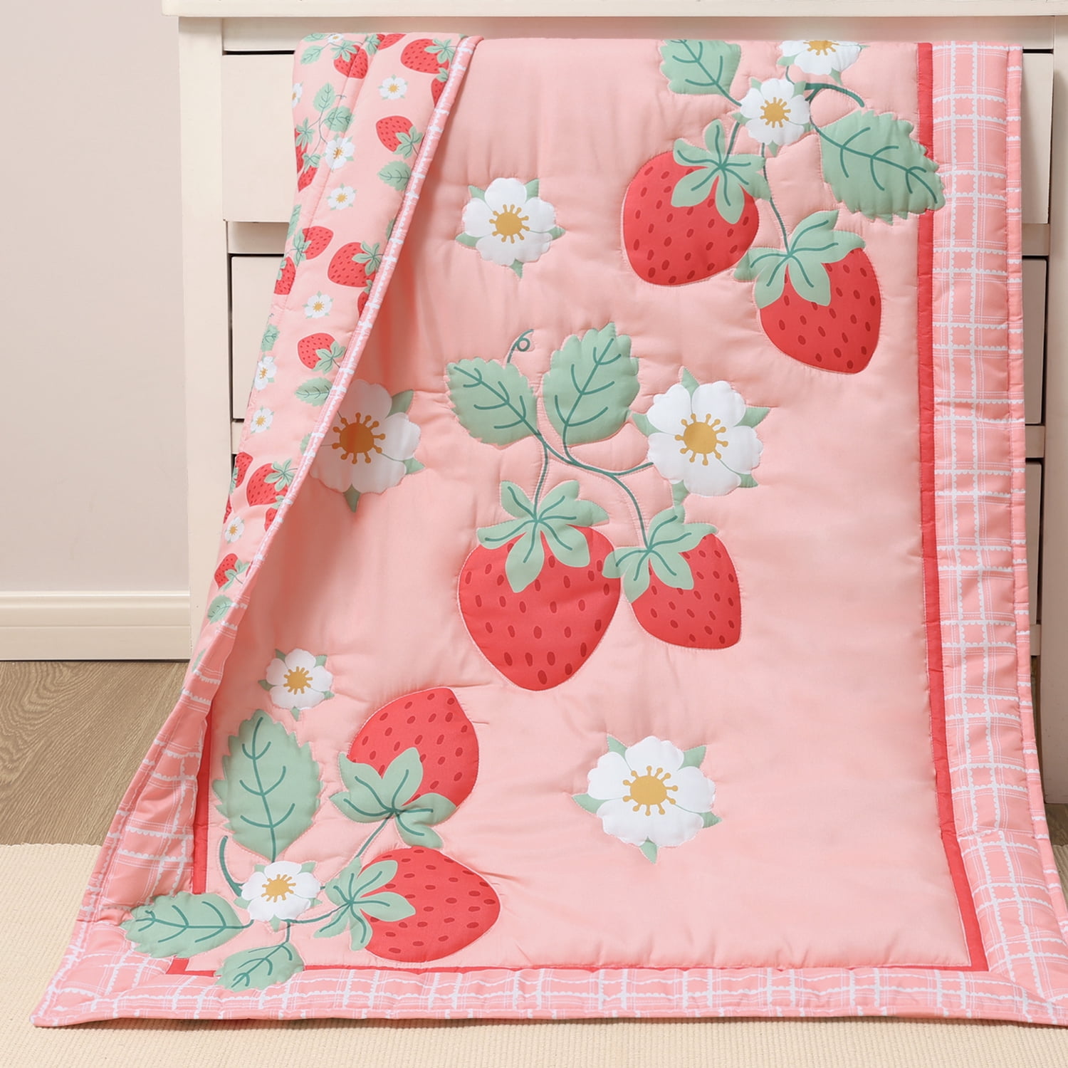 The Peanutshell Strawberry Sweet 3-Piece Baby Crib Bedding Set with Quilt Blanket, Crib Sheet, and Skirt