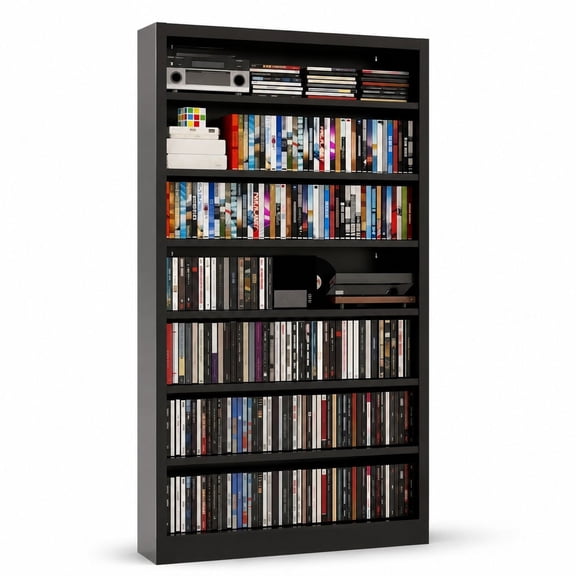 Tall Media Storage Cabinet with Metal Construction, 7 Tier Adjustable Shelves for DVD, CD, and Multimedia Organizer