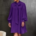 thumbnail image 6 of Women Loose Dress Lace-up Bow Neck Long Lantern Sleeves Solid Color Knee Length Formal OL Commute Midi Dress, 6 of 8
