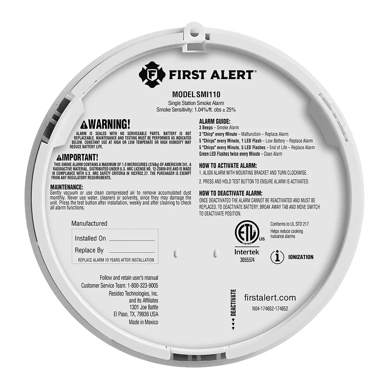 First Alert 1046856, 10 Year Battery Ionization Smoke Alarm
