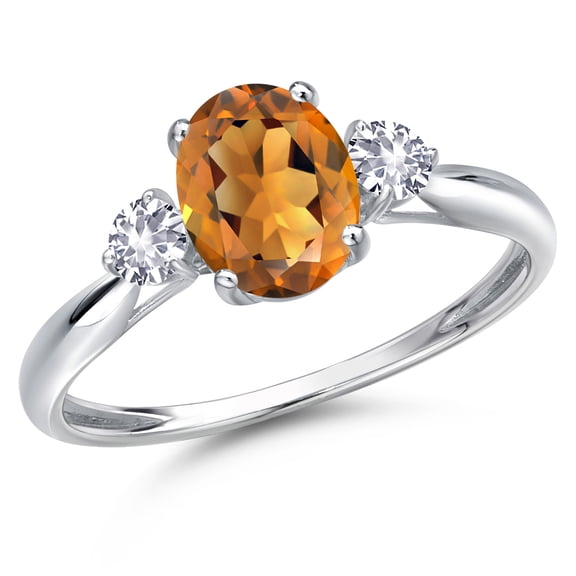 Gem Stone King 10K White Gold Orange Red Madeira Citrine and White Created Sapphire 3-Stone Ring for Women | 1.36 Cttw | Oval 8X6MM | Gemstone November Birthstone | Size 7