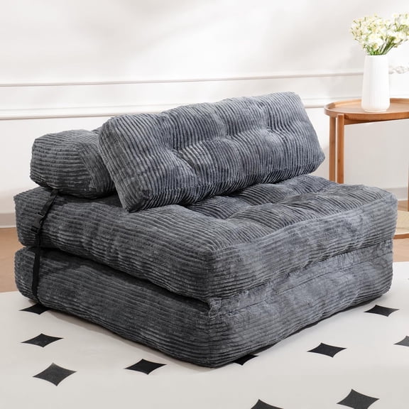 Dark Grey Corduroy Folding Sofa Bed With Pillow, Convertible Lazy Chair For Small Space Living Room Or Bedroom