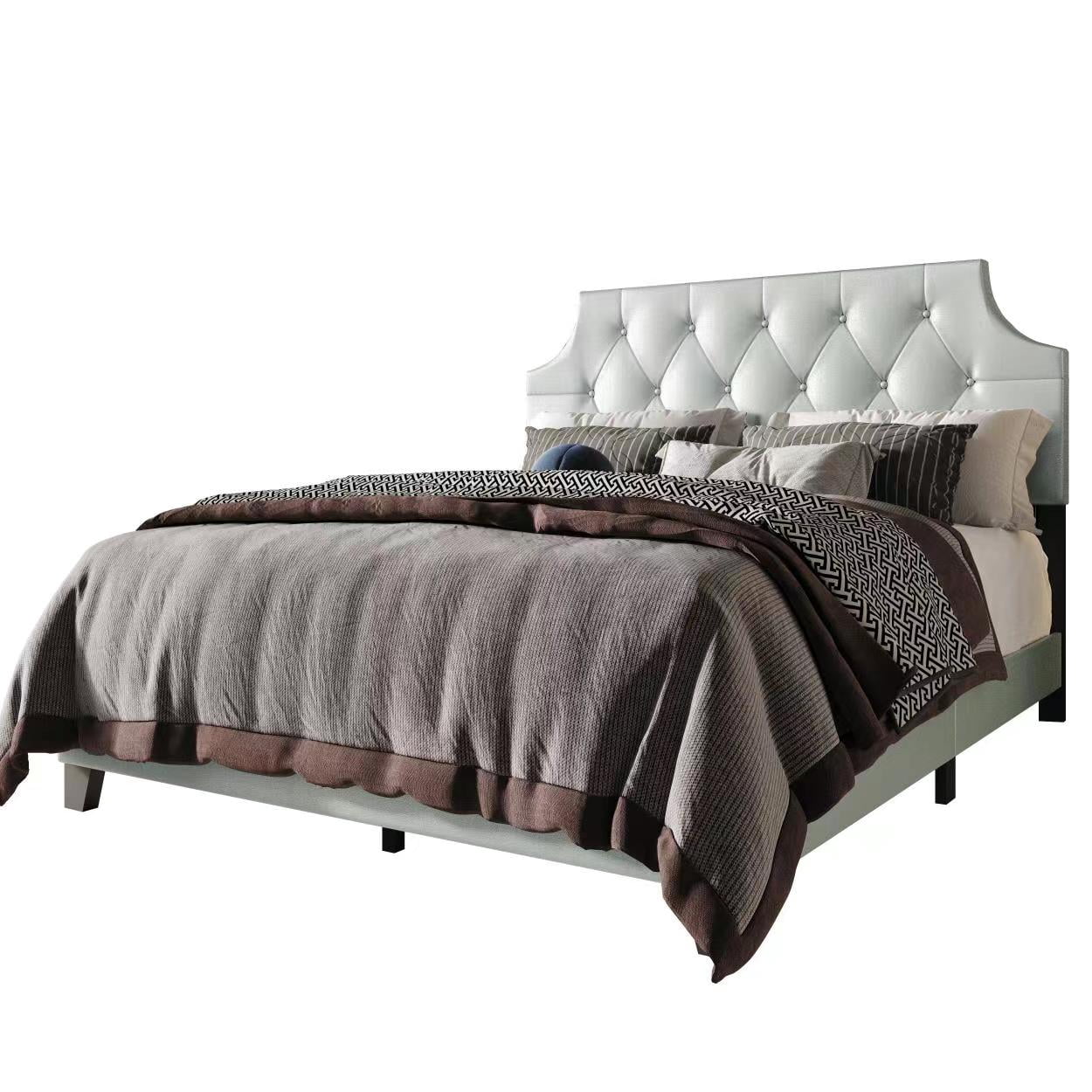 Home Design Mexico Twin Tufted Upholstered Platform Bed with Scooped Headboard and Padded Surface, Silver, Easy Assembly