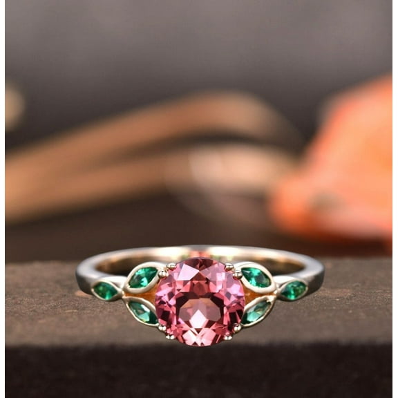 7mm round shaped Pink sapphire engagement ring,Unique sapphire emerald ring,Marquise emerald,gold ring,Promise ring,Anniversary gift