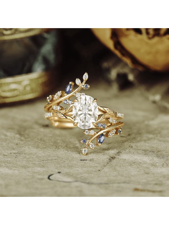2pcs Oval Diamond Half Eternity Leaf Engagement Ring Set- 14K Yellow Gold Vermeil- Blue Sapphire Bridal Ring Set