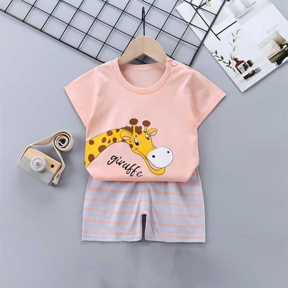 LSLJS Bambin Baby Garçons Clothes Ensemble Dessin Animé Imprimé Motif Manches Courtes T-Shirt Haut Pantalons Courts Solides Tenues d'Été, Dégagement d'Épargne d'Été