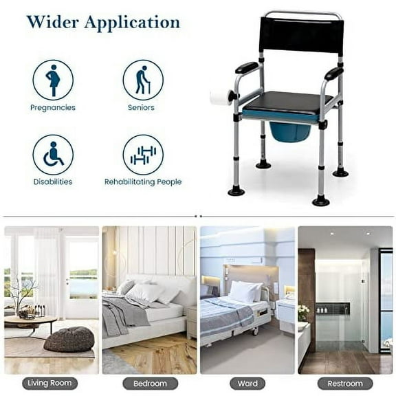S AFSTAR Folding Commode Chair, Height Adjustable Shower Chair w/Large Commode Bucket, Padded Seat, Backrest, Towel Holder, Heavy Duty Bedside Commode for Elderly Rehabilitating Pe