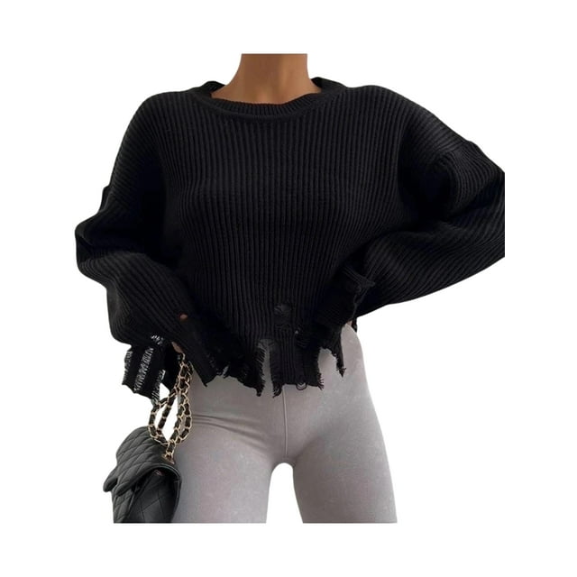 xiaxaixu Women’s Ripped Sweaters, Long Sleeve Round Neck Solid Color Loose Knit Jumper Tops