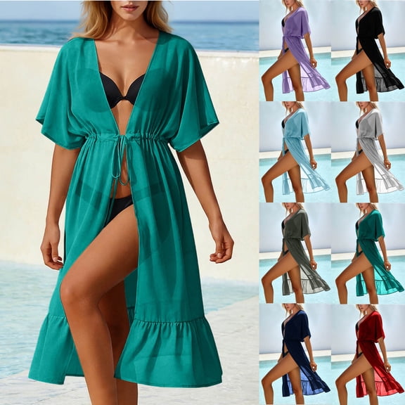 VBTAPA Women's Swimwear Cover Ups Chiffon Kimono Cardigan Beach Bikini Swimsuit Cover Up Long Flowy Beachwear Gray XL