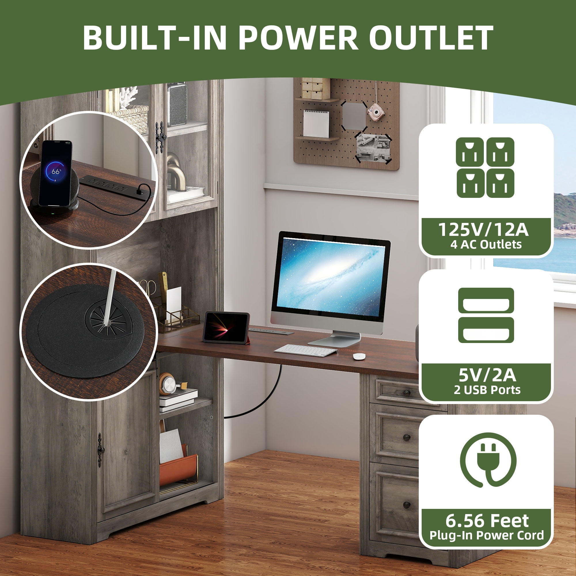Uforic Executive Desk with Hutch, L Shape Computer Desk, Wood Office Desk with Storage Cabinet, Gray