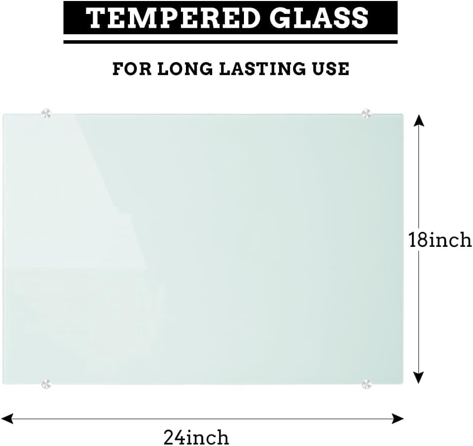 Magnetic Glass Whiteboard, 24 x 18 Inches (60 x 45 cm), Small Tempered Glass Dry Erase Board for Wall, Frameless Whiteboards with Marker Tray, 4 Markers, 2 Magnets, 1 Eraser