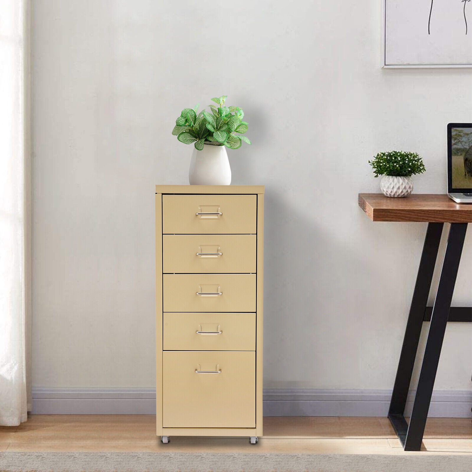 5 Drawer Metal Under Desk File Cabinet, Filing Storage Vertical Cabinets with Wheels for Organization Hanging Letter/Legal/F4/A4, Assembly Required (Beige)