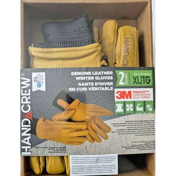 HANDCREW Genuine Leather Winter Gloves, 2 Pairs, XL