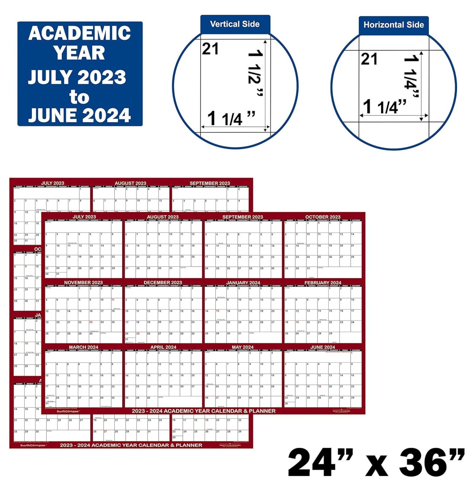 24" x 36" SwiftGlimpse 20232024 Academic Wall Calendar, Erasable