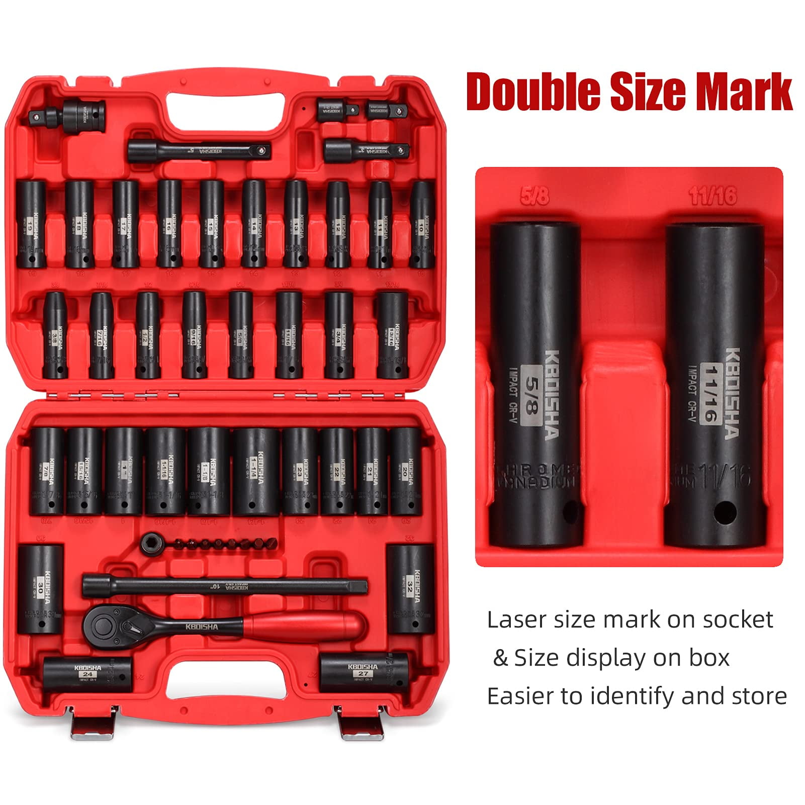 KBOISHA 1/2" Drive Impact Socket Set,48-Piece 6 Point Deep Socket Set Standard SAE and Metric CR-V Steel Sockets with Bit Adapter & Ratchet Handle
