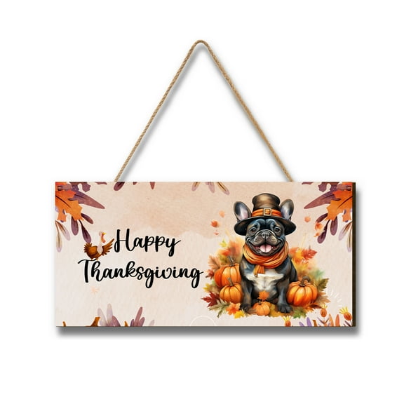 Happy Thanksgiving French Bulldog Welcome Thankful Fall Autumn Pumpkin Landscape Wood Sign Dog Lover Gifts Hanging Wall Home Decor - 02021