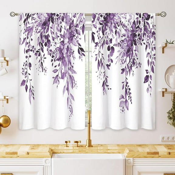 Eucalyptus Botanical Leaves Purple Floral Kitchen Window Curtains Over Sink Farmhouse Flower Leaf Small Window Treatment Cafe Short Curtains for Bathroom Treatment Tier Drapes 26x36 inch