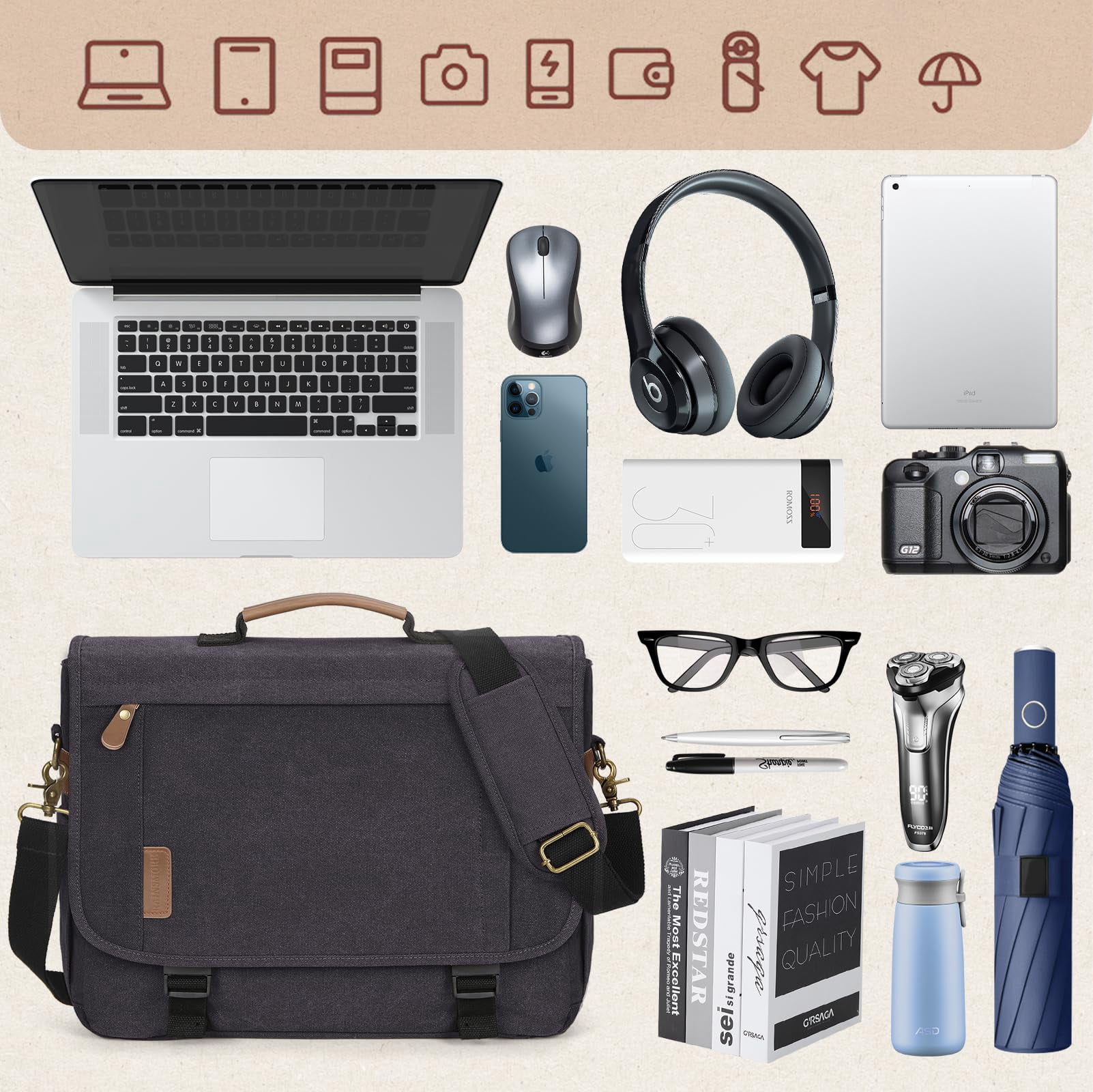 RAINSMORE Messenger Bag for Men 17-17.3 Inch Laptop Bag Water-resistant Canvas Computer Shoulder Bag Office Work Briefcase Large Casual Satchel Bags for Men Bookbag for College,Gray