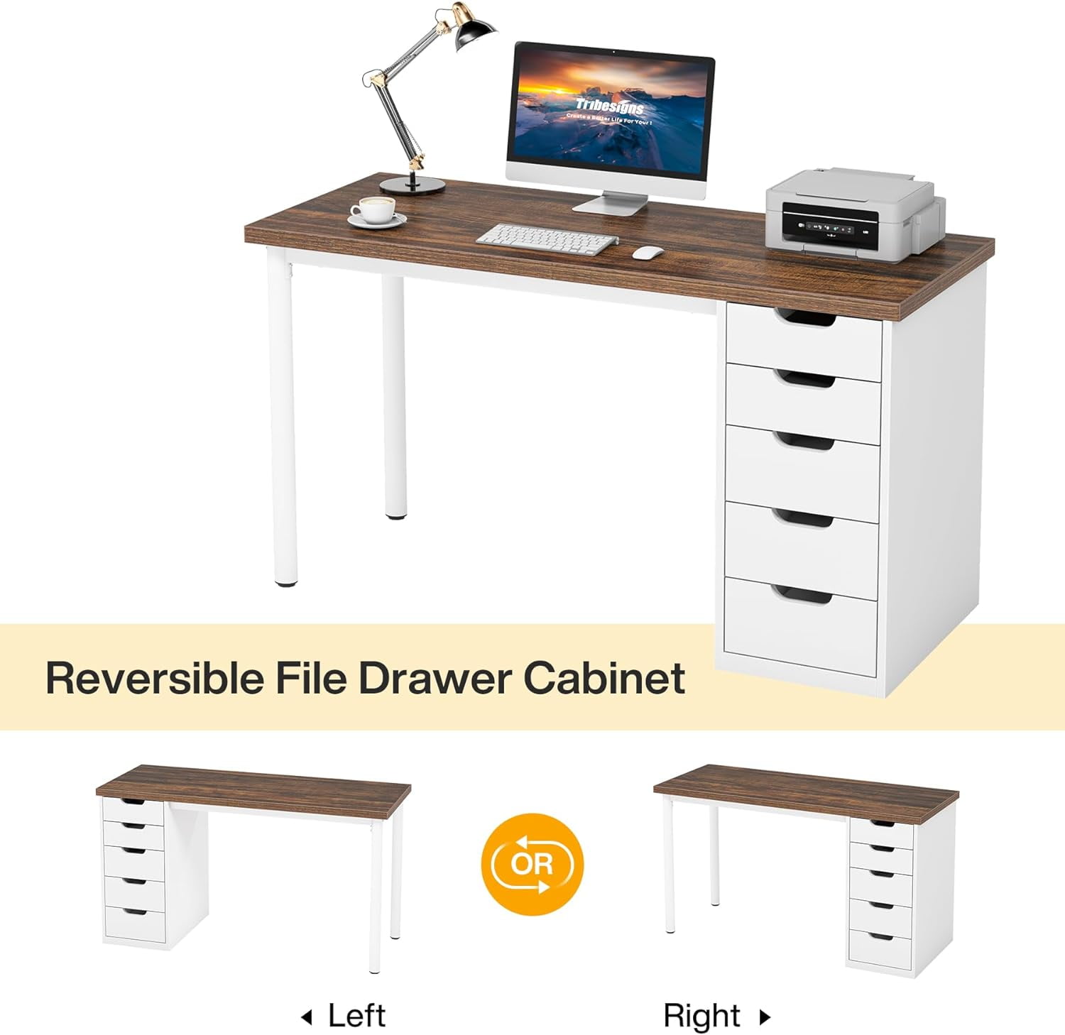 Finmind Computer Desk with 5 Drawers, 47 inches Rustic Brown Home Office Desk with Storage, Modern Study Writing Table Workstation for Small Spaces, Brown & White