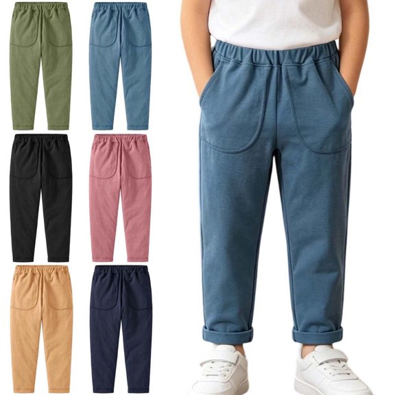 ITSAME Boys Girls Cotton Pants Elastic Waist with Pockets Kids Comfort Breathable Pants Light Blue Size 4T