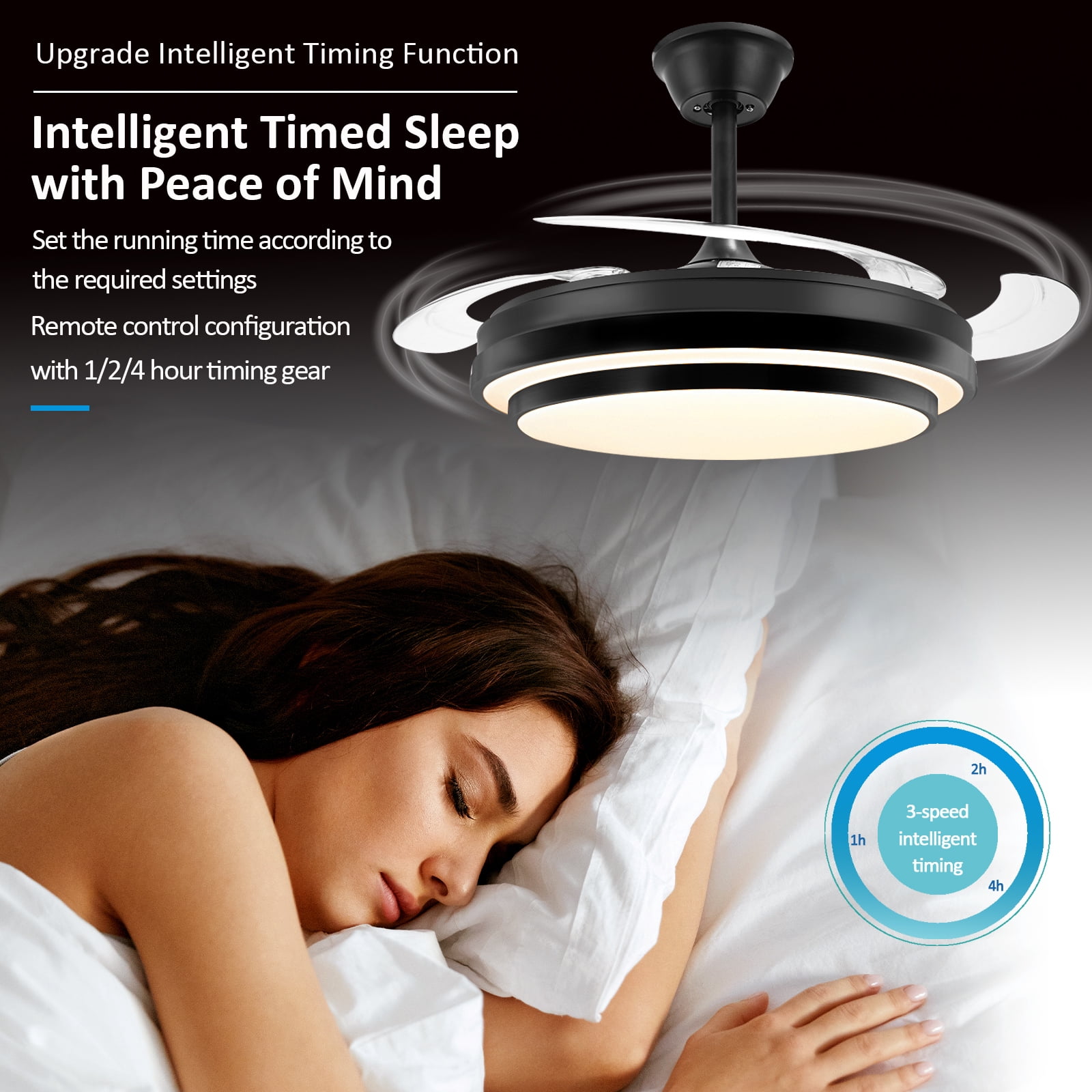 XYJBHB 42-Inch Retractable Ceiling Fan with Light and Remote, 6-Speed Dimmable LED Fandelier for Bedroom and Living Room, Black