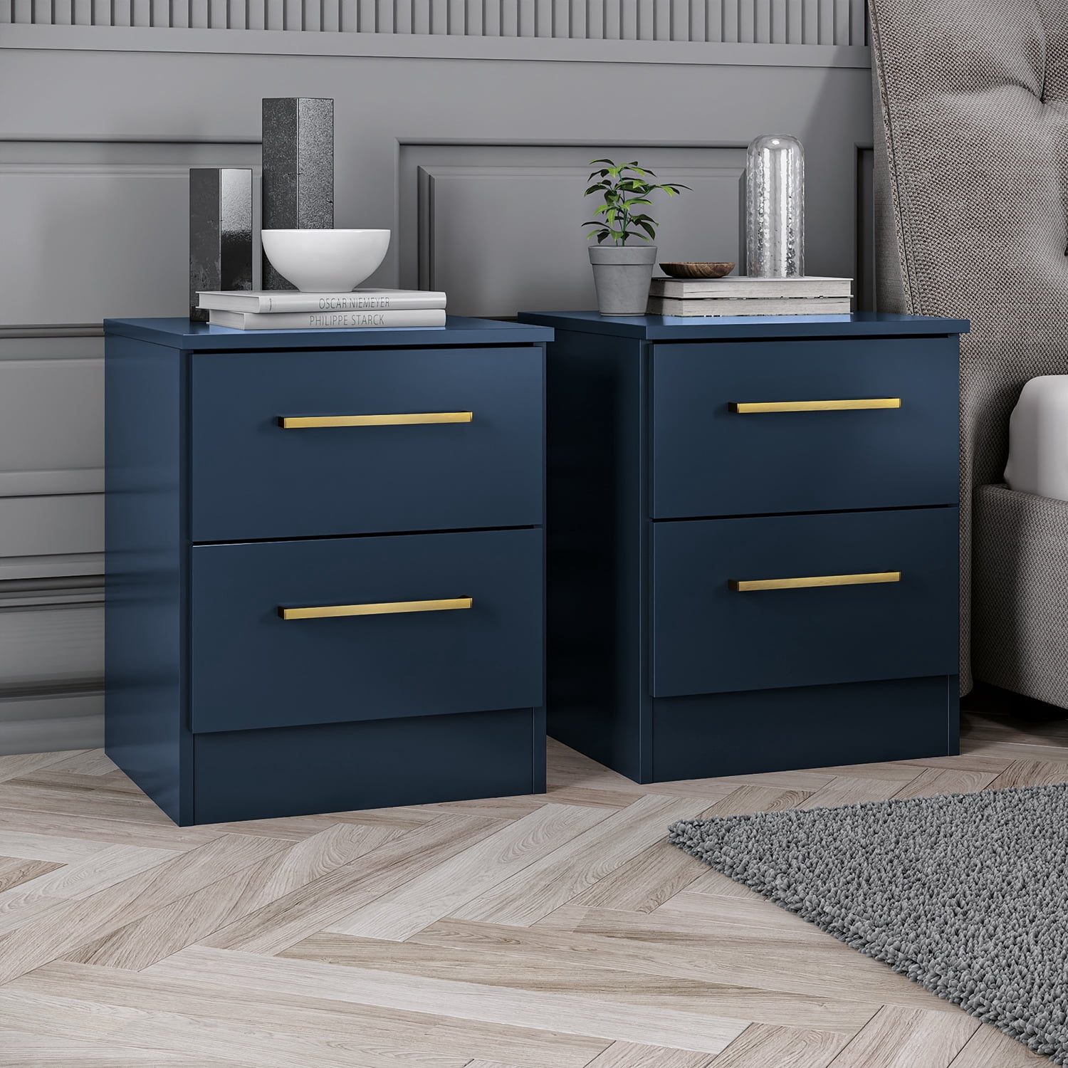 Kappesberg Jolyne 2-Drawer Nightstand Set of 2, Blue with Gold Handles – Modern Bedroom Storage for Adults and Teens